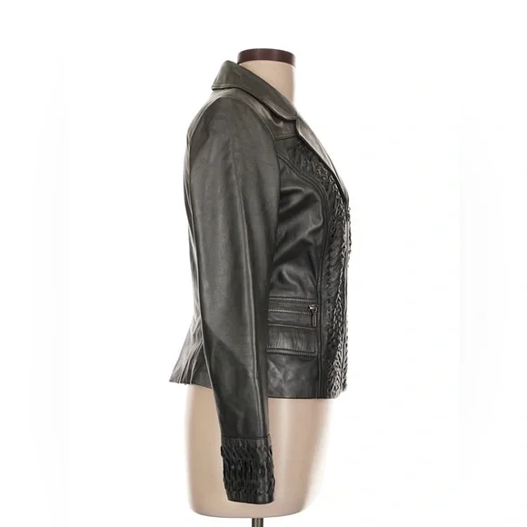 Vintage Cache Black Leather Jacket Full Zip 90s Y2k Soft Women’s 10 Short Fitted - Picture 3 of 9